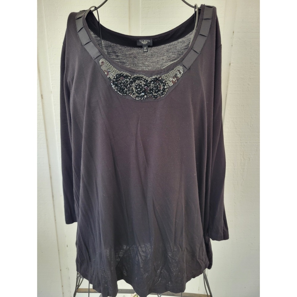 Talbots Size 2X Top Sequin Flowers Soft Stretch 3/4 Sleeves Blouse Plus Shirt